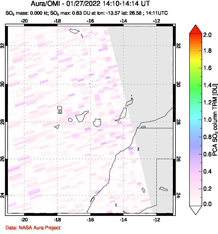 A sulfur dioxide image over Canary Islands on Jan 27, 2022.