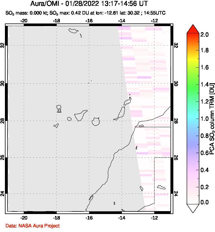 A sulfur dioxide image over Canary Islands on Jan 28, 2022.