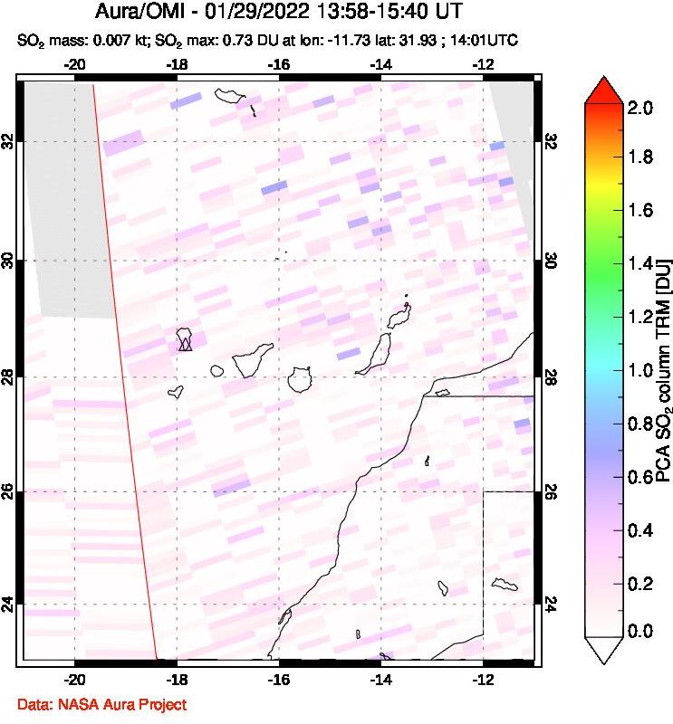 A sulfur dioxide image over Canary Islands on Jan 29, 2022.