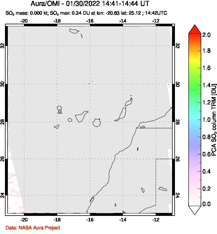 A sulfur dioxide image over Canary Islands on Jan 30, 2022.