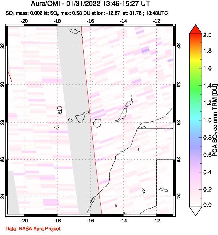 A sulfur dioxide image over Canary Islands on Jan 31, 2022.