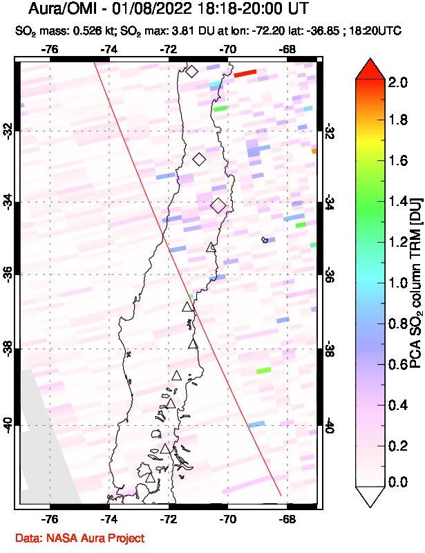 A sulfur dioxide image over Central Chile on Jan 08, 2022.
