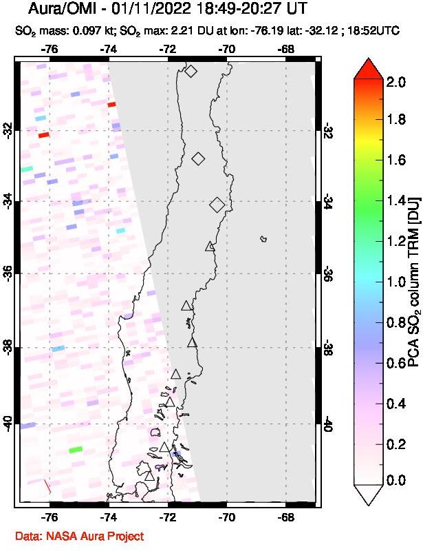 A sulfur dioxide image over Central Chile on Jan 11, 2022.