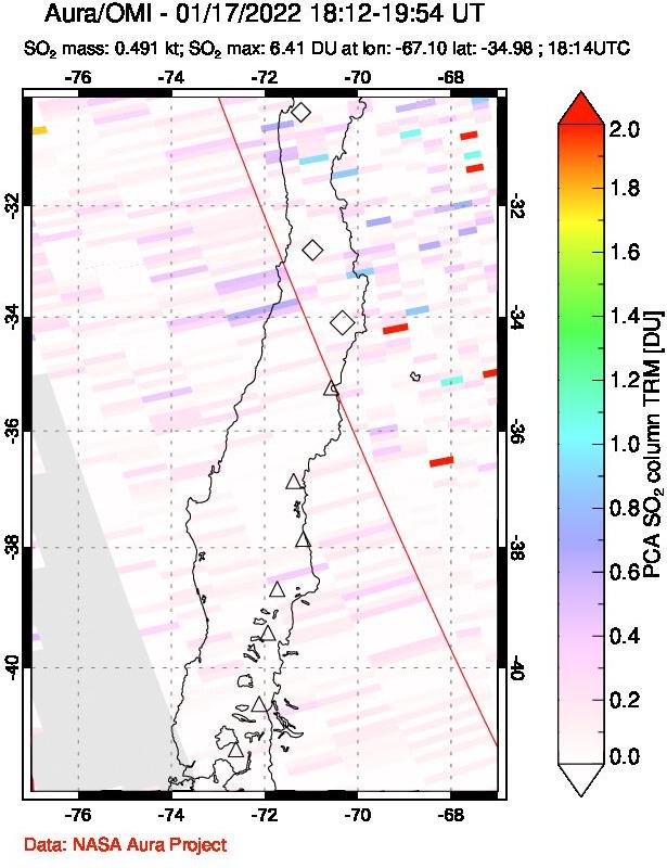 A sulfur dioxide image over Central Chile on Jan 17, 2022.