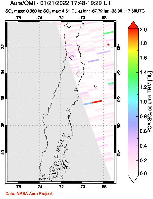 A sulfur dioxide image over Central Chile on Jan 21, 2022.