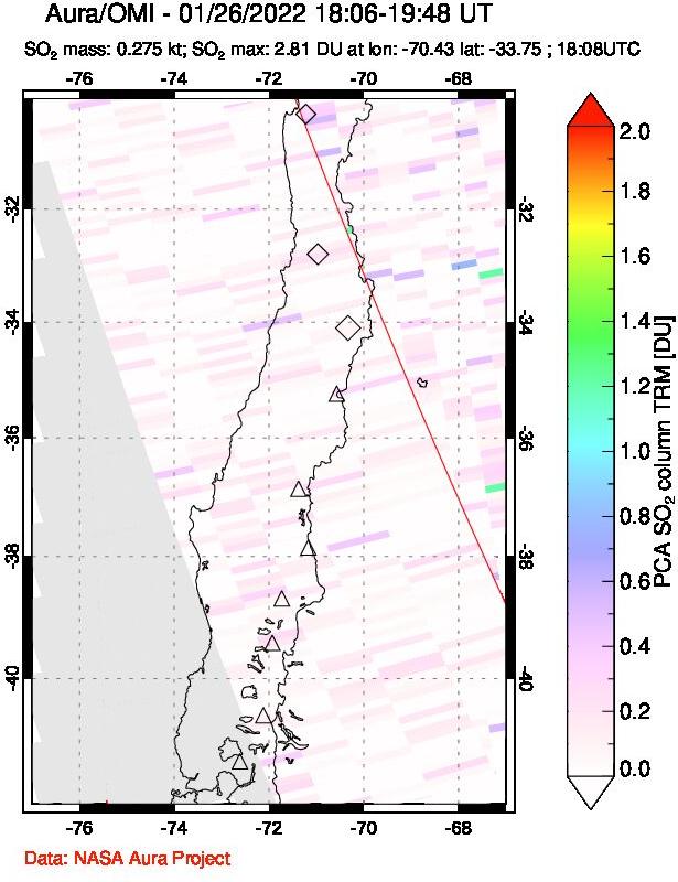 A sulfur dioxide image over Central Chile on Jan 26, 2022.