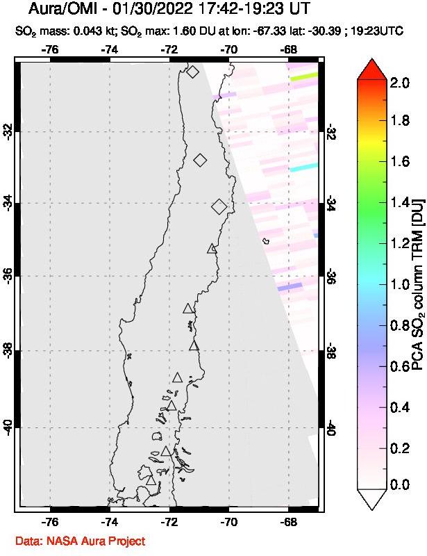 A sulfur dioxide image over Central Chile on Jan 30, 2022.