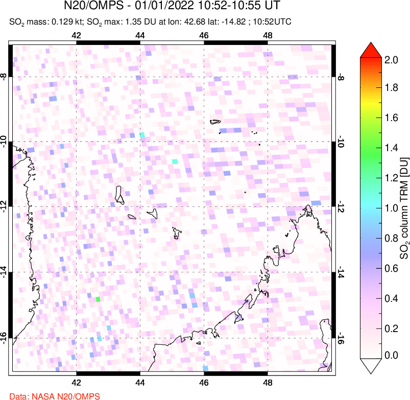 A sulfur dioxide image over Comoro Islands on Jan 01, 2022.