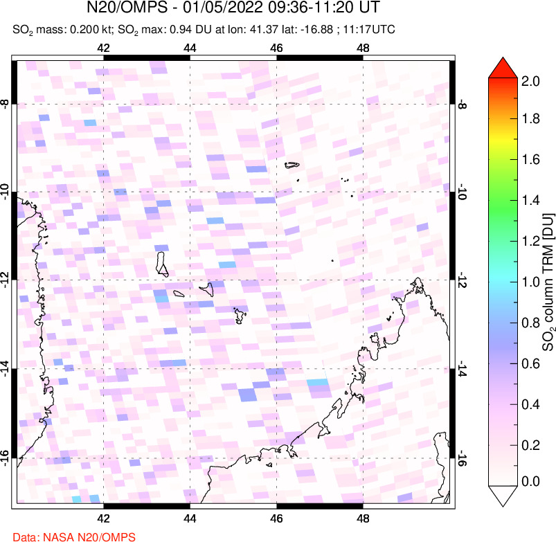 A sulfur dioxide image over Comoro Islands on Jan 05, 2022.