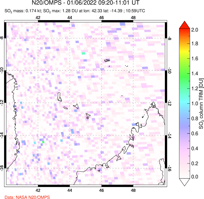 A sulfur dioxide image over Comoro Islands on Jan 06, 2022.