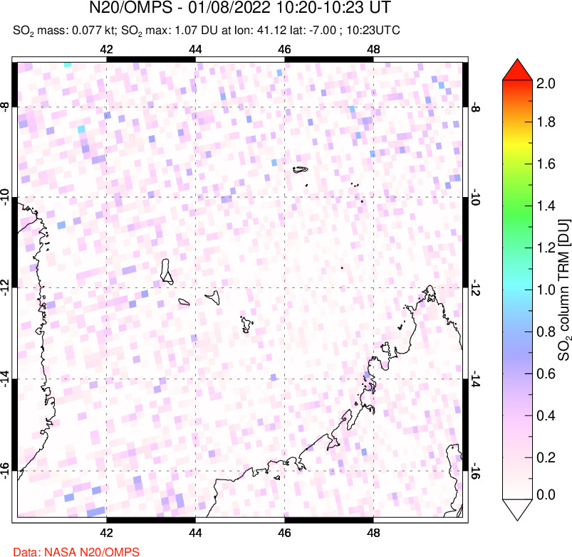 A sulfur dioxide image over Comoro Islands on Jan 08, 2022.