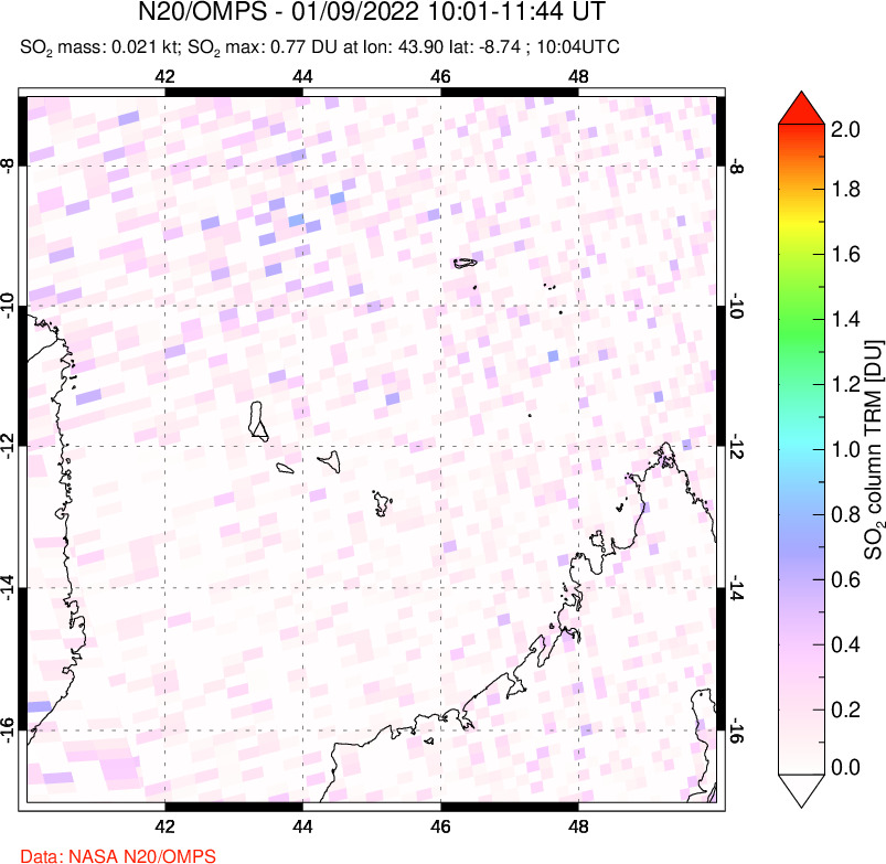 A sulfur dioxide image over Comoro Islands on Jan 09, 2022.