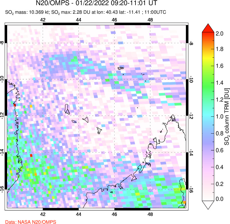 A sulfur dioxide image over Comoro Islands on Jan 22, 2022.