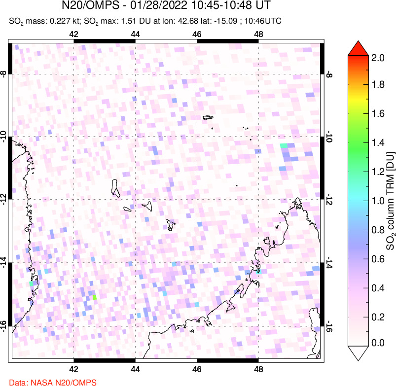 A sulfur dioxide image over Comoro Islands on Jan 28, 2022.
