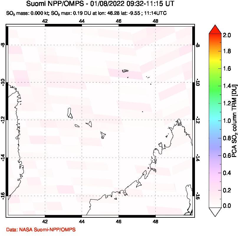 A sulfur dioxide image over Comoro Islands on Jan 08, 2022.