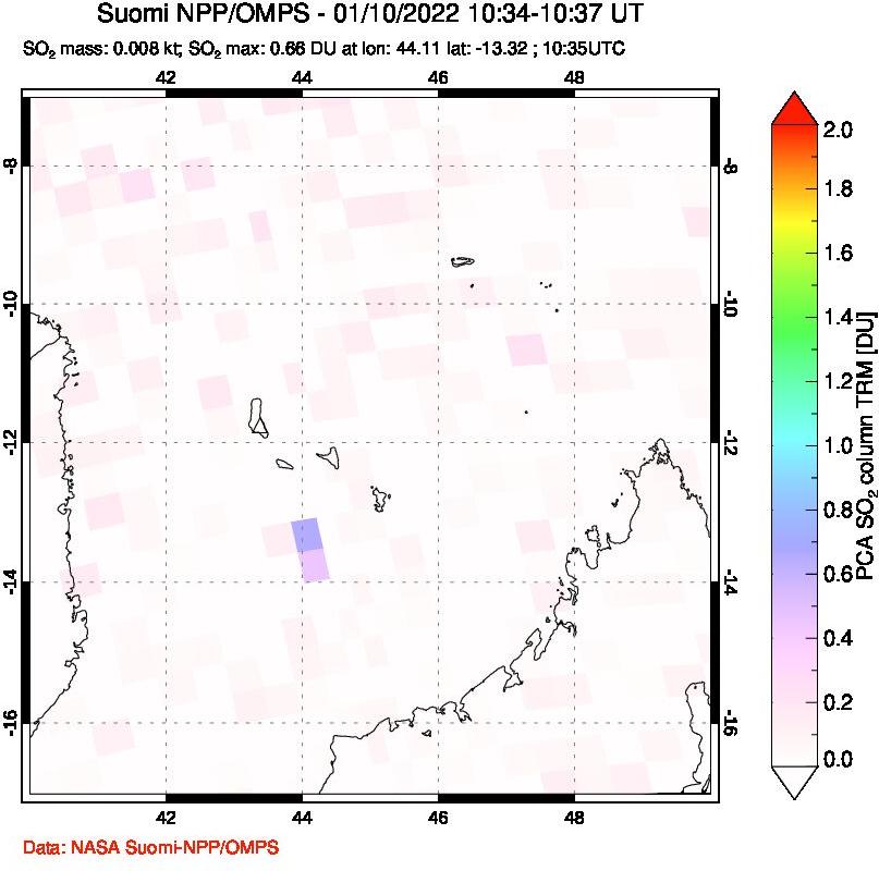 A sulfur dioxide image over Comoro Islands on Jan 10, 2022.