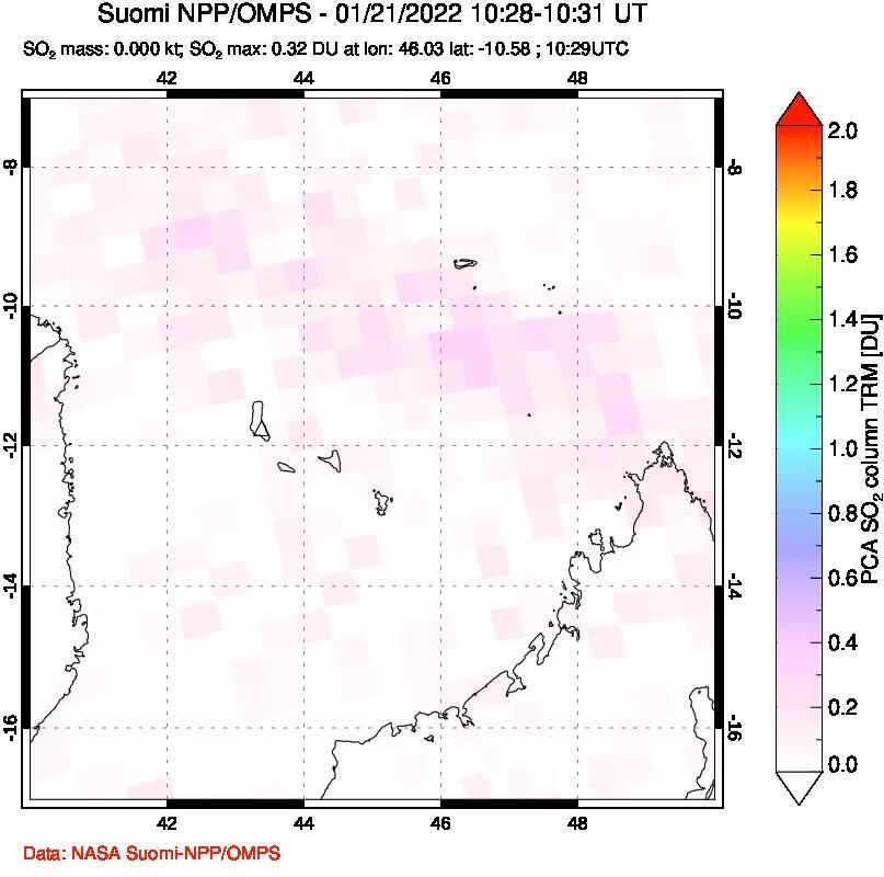 A sulfur dioxide image over Comoro Islands on Jan 21, 2022.