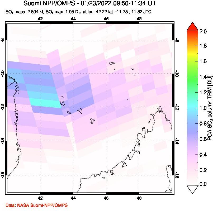 A sulfur dioxide image over Comoro Islands on Jan 23, 2022.