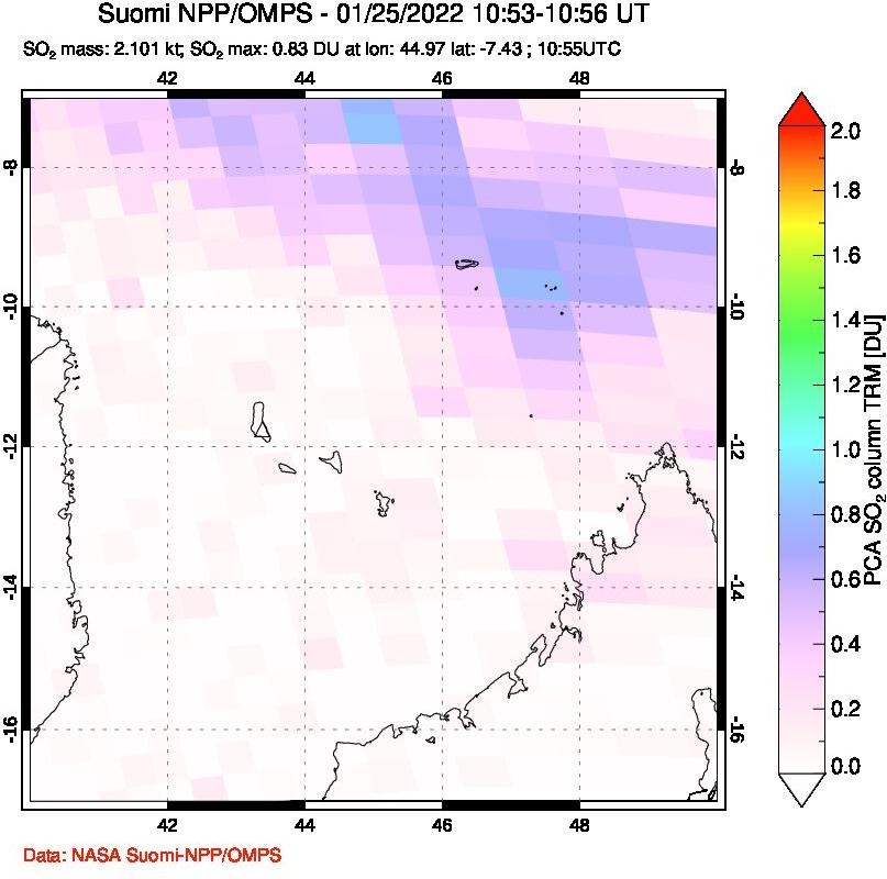 A sulfur dioxide image over Comoro Islands on Jan 25, 2022.