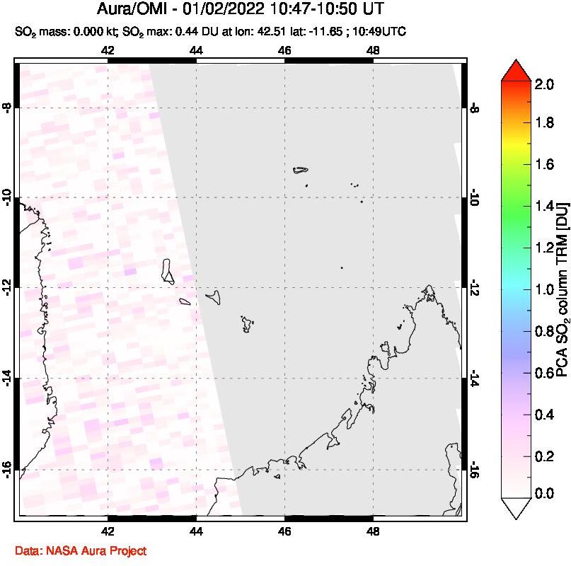 A sulfur dioxide image over Comoro Islands on Jan 02, 2022.