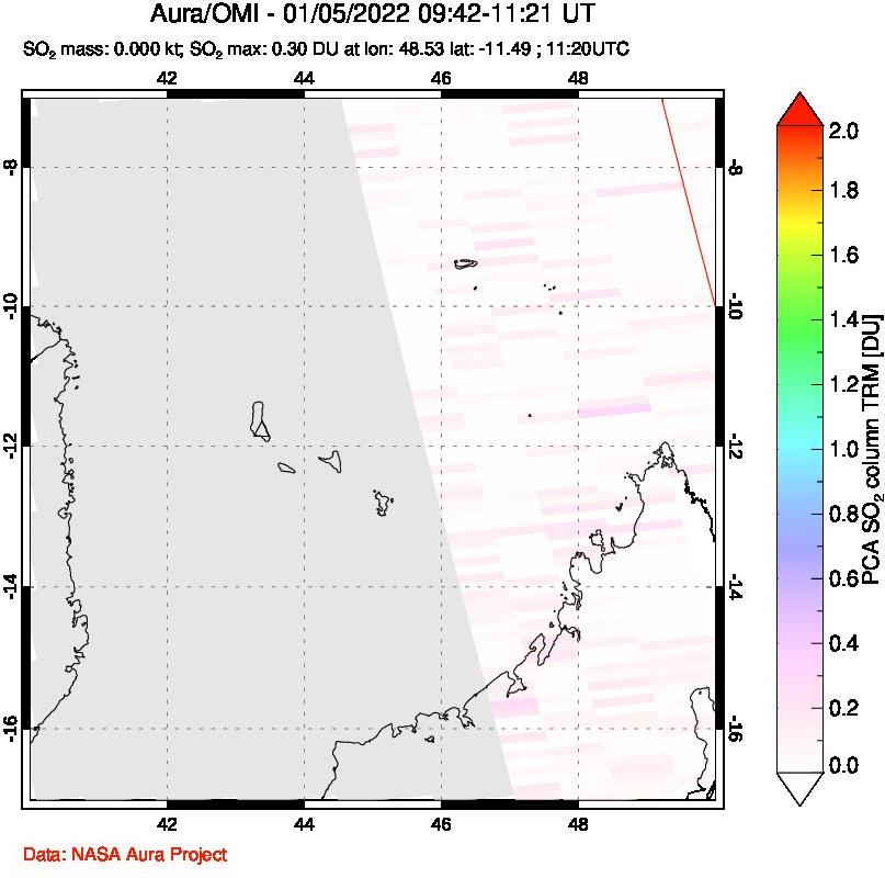 A sulfur dioxide image over Comoro Islands on Jan 05, 2022.