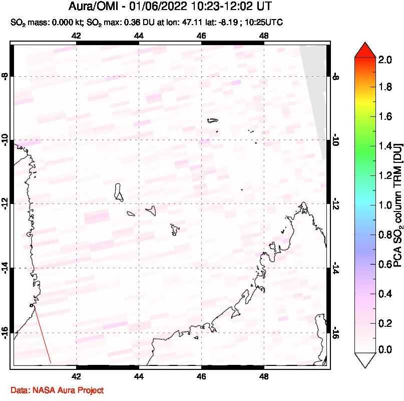 A sulfur dioxide image over Comoro Islands on Jan 06, 2022.