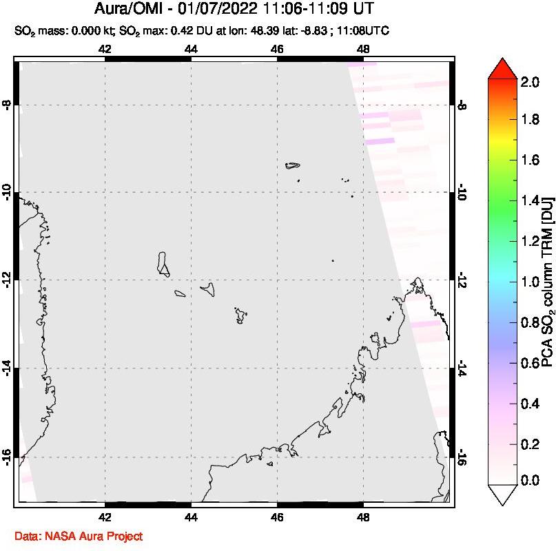 A sulfur dioxide image over Comoro Islands on Jan 07, 2022.