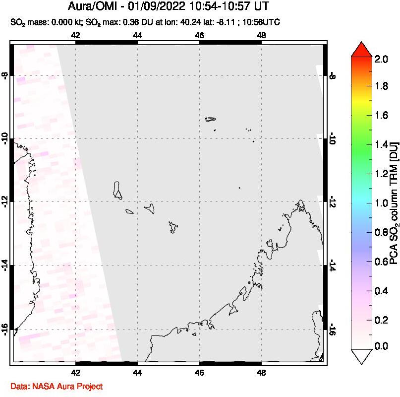 A sulfur dioxide image over Comoro Islands on Jan 09, 2022.