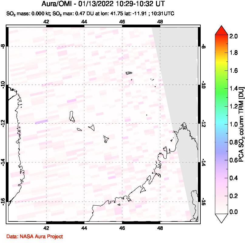 A sulfur dioxide image over Comoro Islands on Jan 13, 2022.