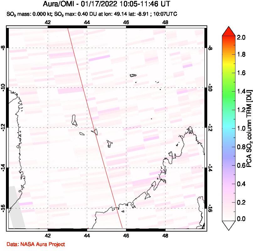 A sulfur dioxide image over Comoro Islands on Jan 17, 2022.