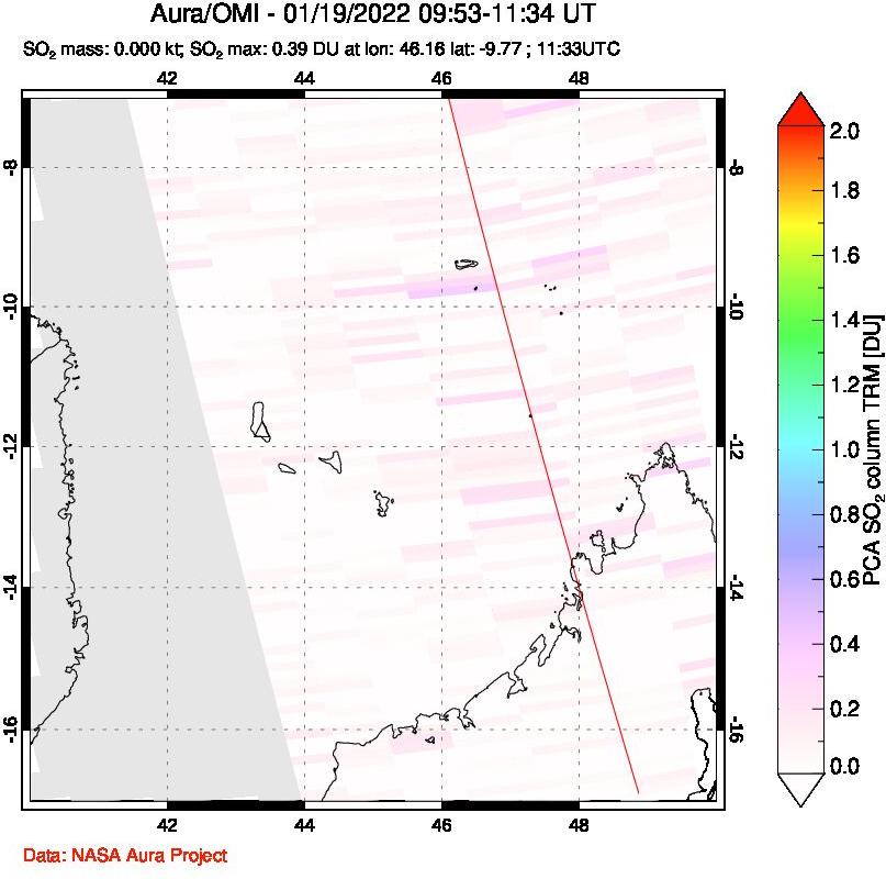 A sulfur dioxide image over Comoro Islands on Jan 19, 2022.
