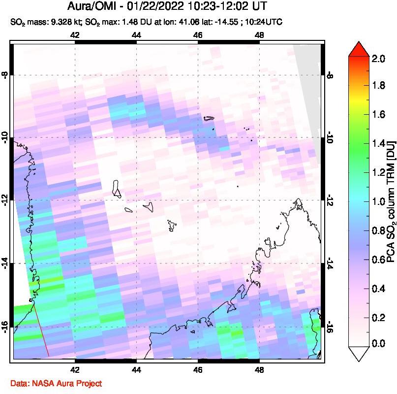 A sulfur dioxide image over Comoro Islands on Jan 22, 2022.