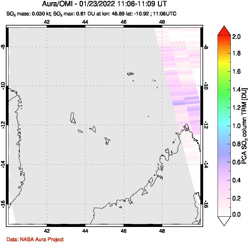 A sulfur dioxide image over Comoro Islands on Jan 23, 2022.