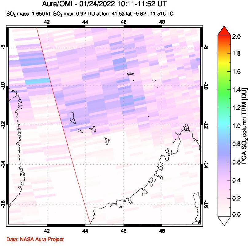 A sulfur dioxide image over Comoro Islands on Jan 24, 2022.