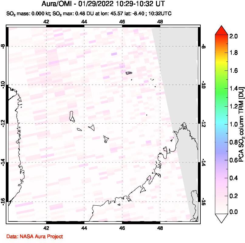 A sulfur dioxide image over Comoro Islands on Jan 29, 2022.