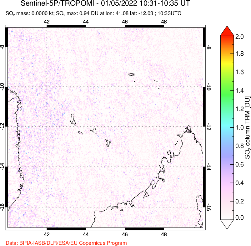 A sulfur dioxide image over Comoro Islands on Jan 05, 2022.
