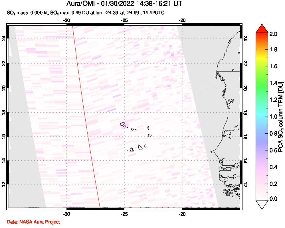 A sulfur dioxide image over Cape Verde Islands on Jan 30, 2022.