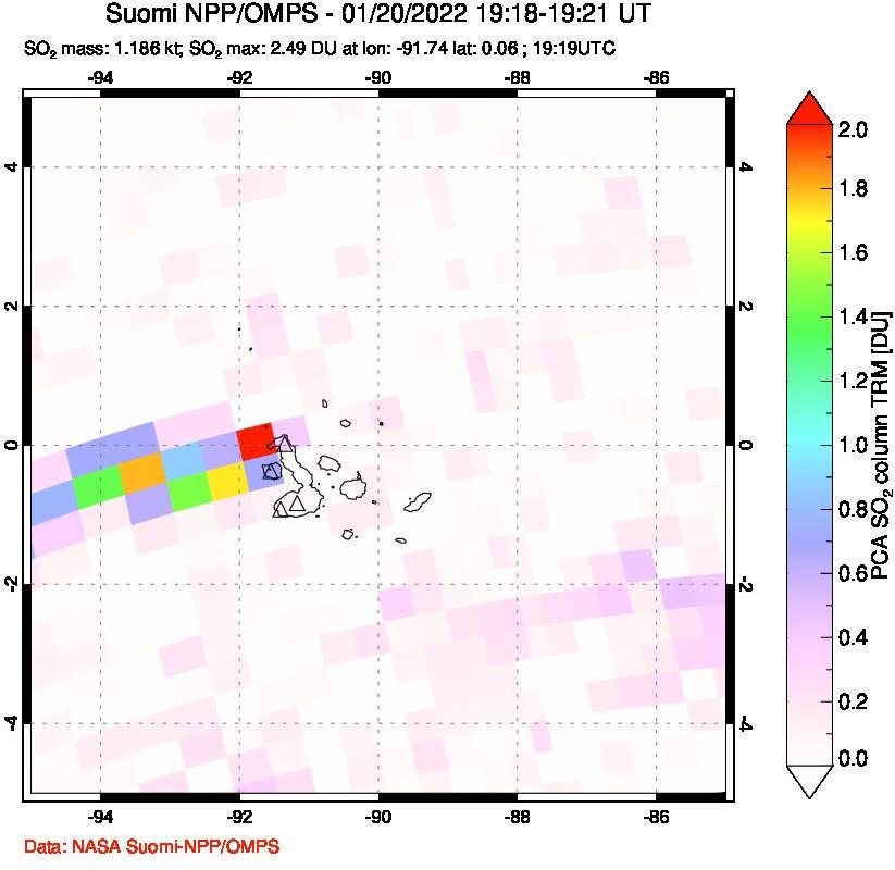 A sulfur dioxide image over Galápagos Islands on Jan 20, 2022.