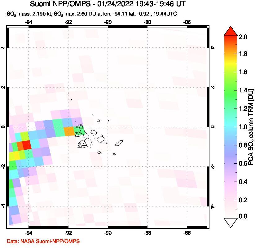 A sulfur dioxide image over Galápagos Islands on Jan 24, 2022.
