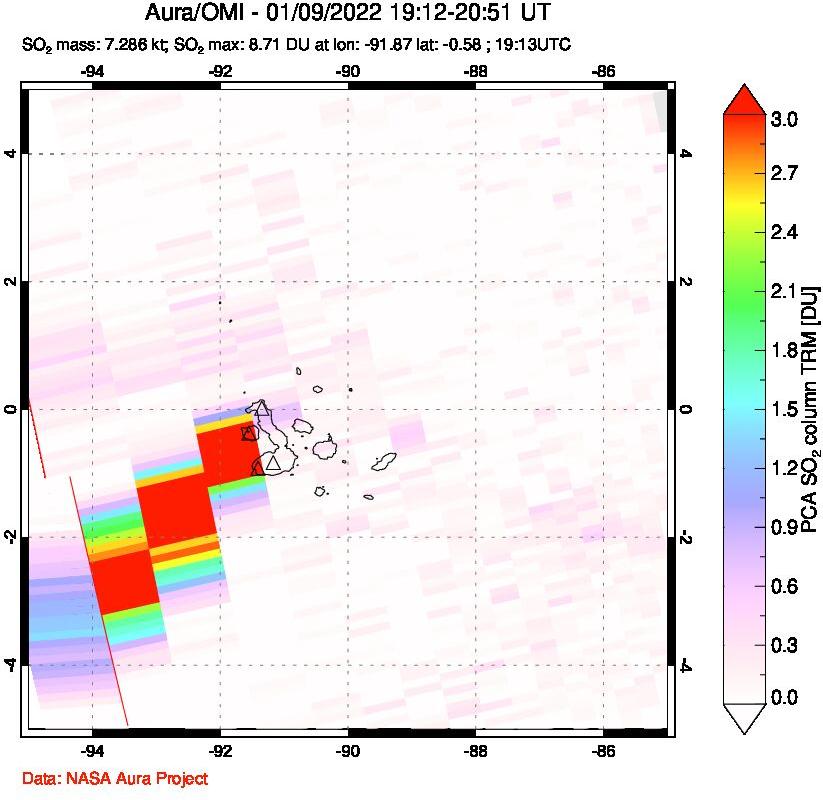 A sulfur dioxide image over Galápagos Islands on Jan 09, 2022.