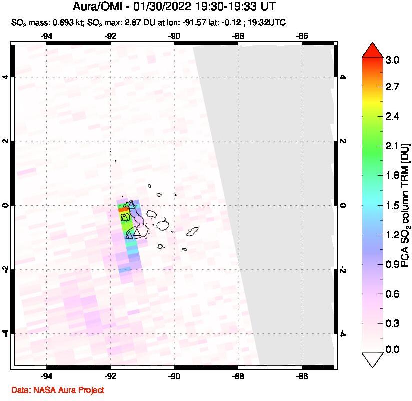 A sulfur dioxide image over Galápagos Islands on Jan 30, 2022.
