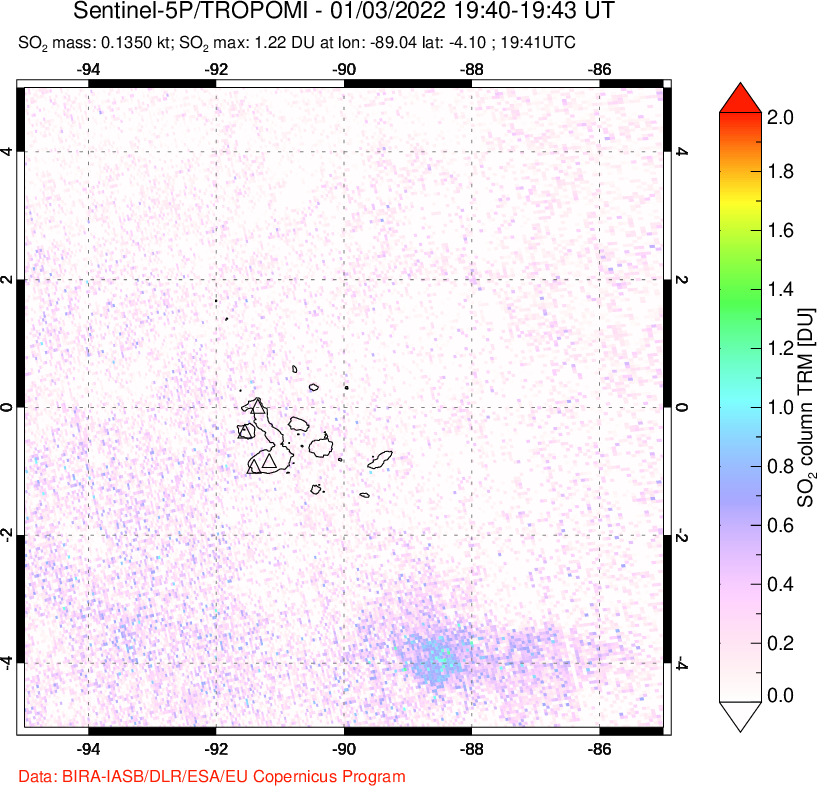A sulfur dioxide image over Galápagos Islands on Jan 03, 2022.