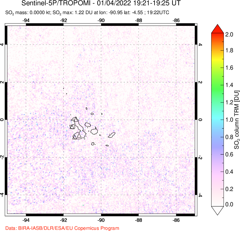 A sulfur dioxide image over Galápagos Islands on Jan 04, 2022.