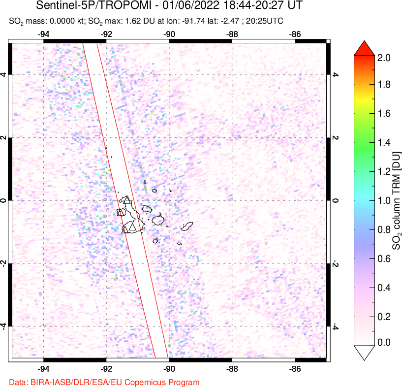 A sulfur dioxide image over Galápagos Islands on Jan 06, 2022.