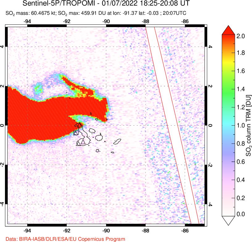 A sulfur dioxide image over Galápagos Islands on Jan 07, 2022.