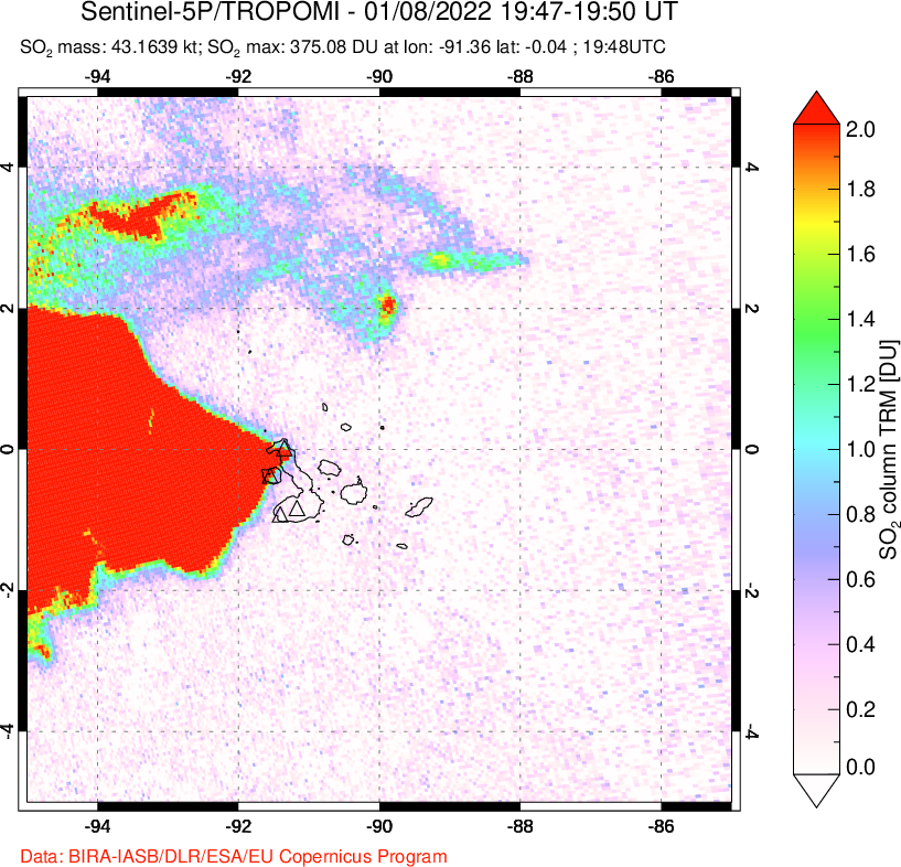 A sulfur dioxide image over Galápagos Islands on Jan 08, 2022.