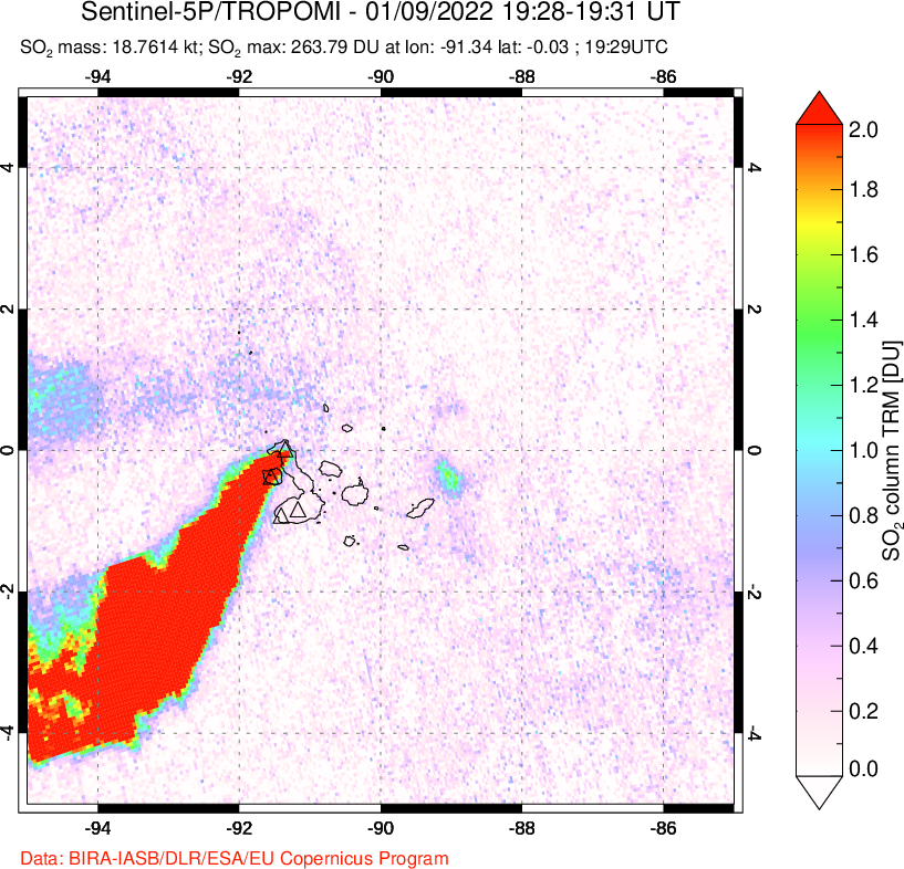 A sulfur dioxide image over Galápagos Islands on Jan 09, 2022.