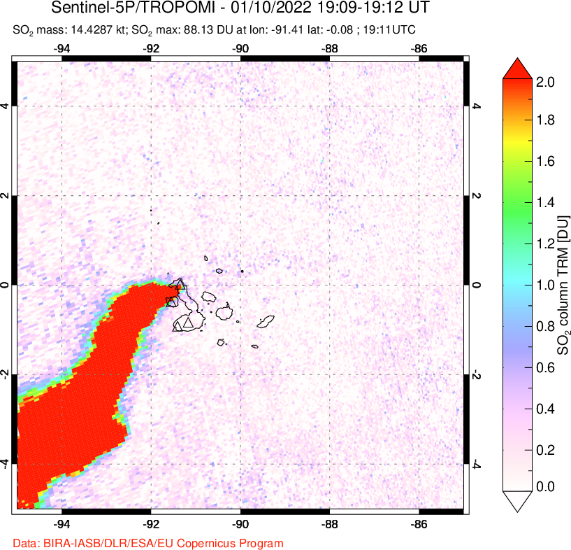 A sulfur dioxide image over Galápagos Islands on Jan 10, 2022.