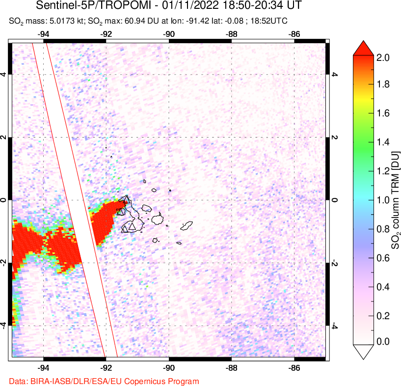 A sulfur dioxide image over Galápagos Islands on Jan 11, 2022.