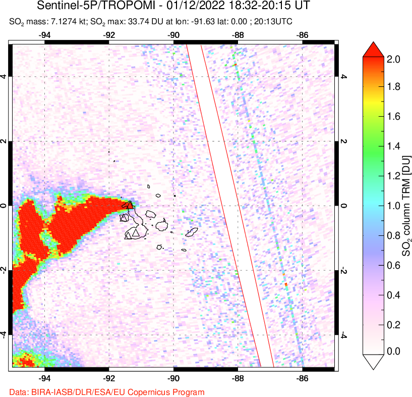 A sulfur dioxide image over Galápagos Islands on Jan 12, 2022.